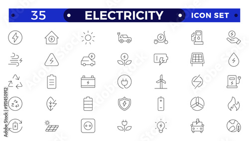 Electricity icon set with electromagnetic radiation, charger flow, lightning strike, static, induction, electric current and electromagnetic radiation.