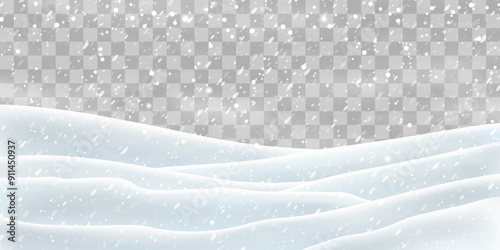 Snow flakes, snow and blizzard falling on snowdrifts. Snow landscape decoration, frozen hills isolated on png background. Vector heavy snowfall with snowbanks field. Christmas vector illustration