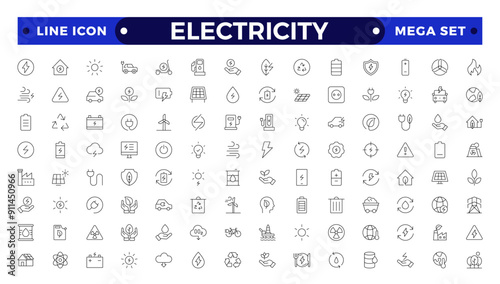 Electricity icon set with electromagnetic radiation, charger flow, lightning strike, static, induction, electric current and electromagnetic radiation.
