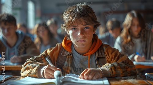 Students practicing their handwriting with worksheets at their desks