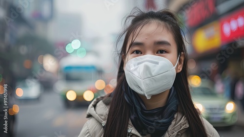 Young Asian woman wearing N95 respiratory mask protect and filter pm2.5 or particulate matter against bad Air Pollution in City photo