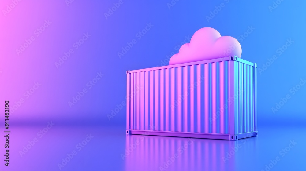 3D illustration of a shipping container with a cloud on top, symbolizing cloud storage and containerization. Pink and blue gradient background. 3D illustration of a shipping container with a cloud on top, symbolizing cloud storage and containerization. Pink and blue gradient background.