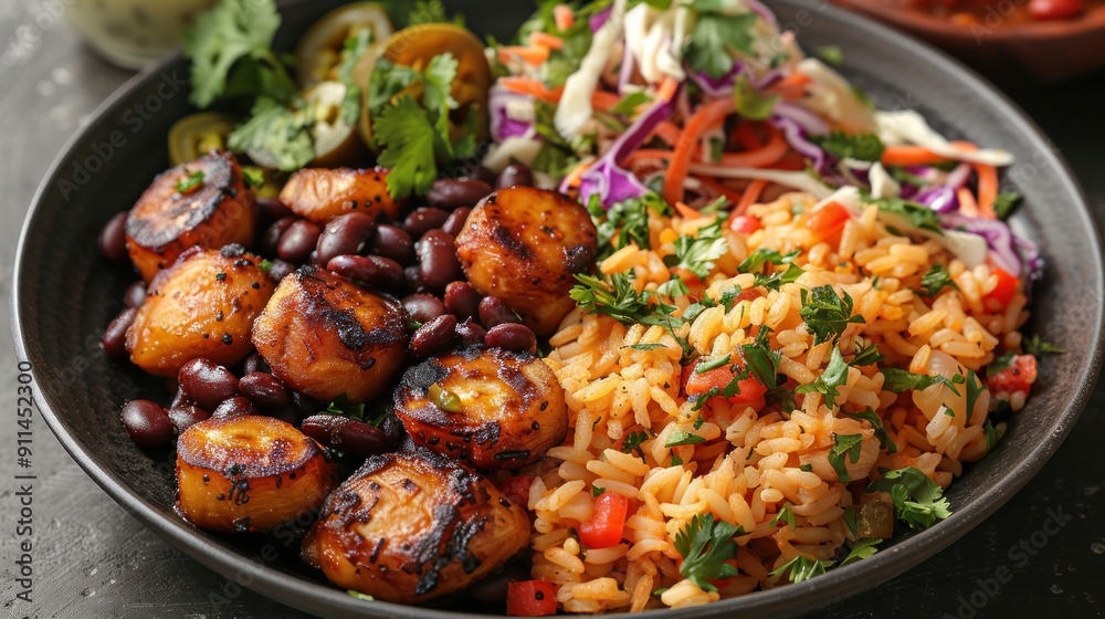 Delicious and colorful bowl of rice, beans, and plantains Delicious and colorful bowl of rice, beans, and plantains