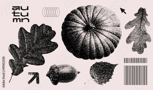 Autumn leaves, pumpkin, acorn photocopy effect elements set with grunge stippling grain messy texture. Trendy y2k aesthetic vector illustration for grungy seasonal poster design, t shirt, tee print