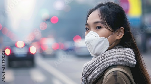 Young Asian woman wearing N95 respiratory mask protect and filter pm2.5 or particulate matter against bad Air Pollution in City photo