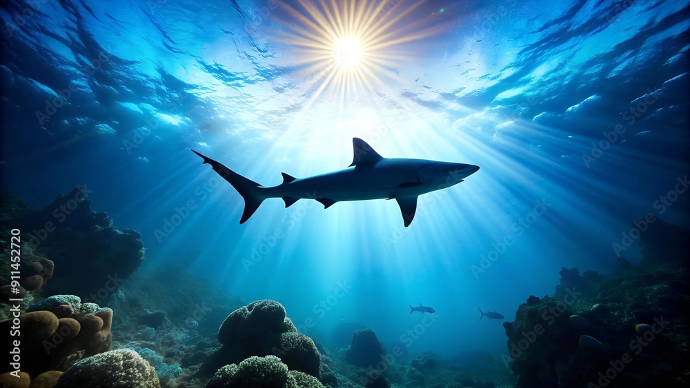 A Striking Silhouette of a Shark Against a Vibrant Reef Background Generative AI A Striking Silhouette of a Shark Against a Vibrant Reef Background Generative AI