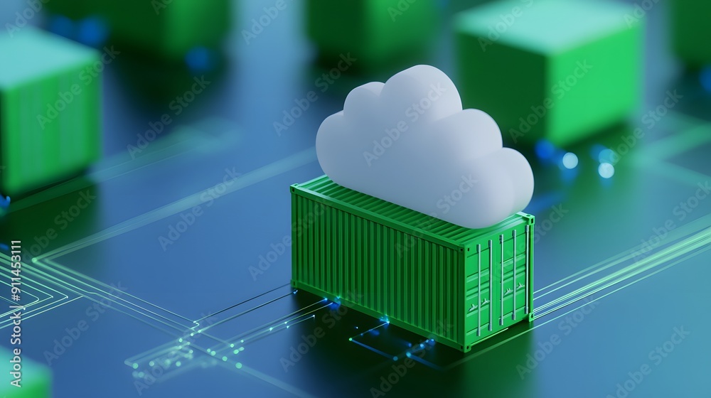 3D illustration of cloud computing and data storage, showing a cloud atop a green container symbolizing cloud technology and infrastructure. 3D illustration of cloud computing and data storage, showing a cloud atop a green container symbolizing cloud technology and infrastructure.