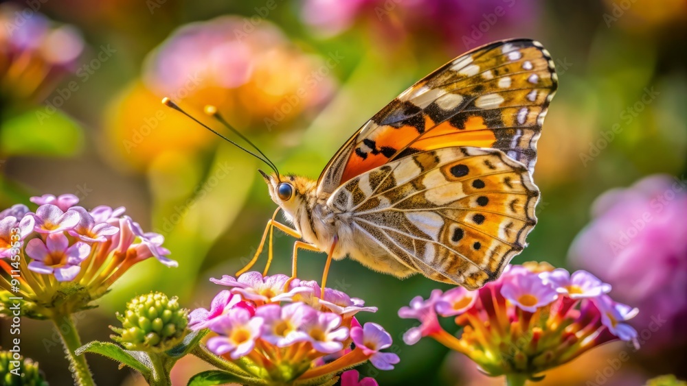 Obraz premium Delicate butterfly sips nectar from tiny flower at nature reserve in northern Israel, showcasing vibrant colors and intricate details of natural beauty.