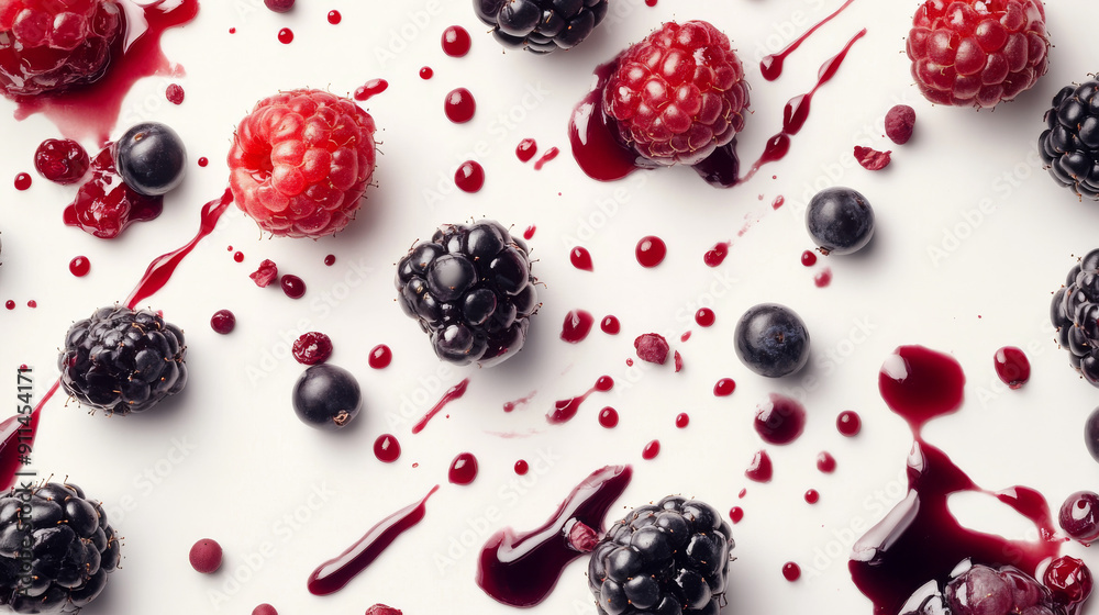Berries burst with juice on a white backdrop. Berries burst with juice on a white backdrop.