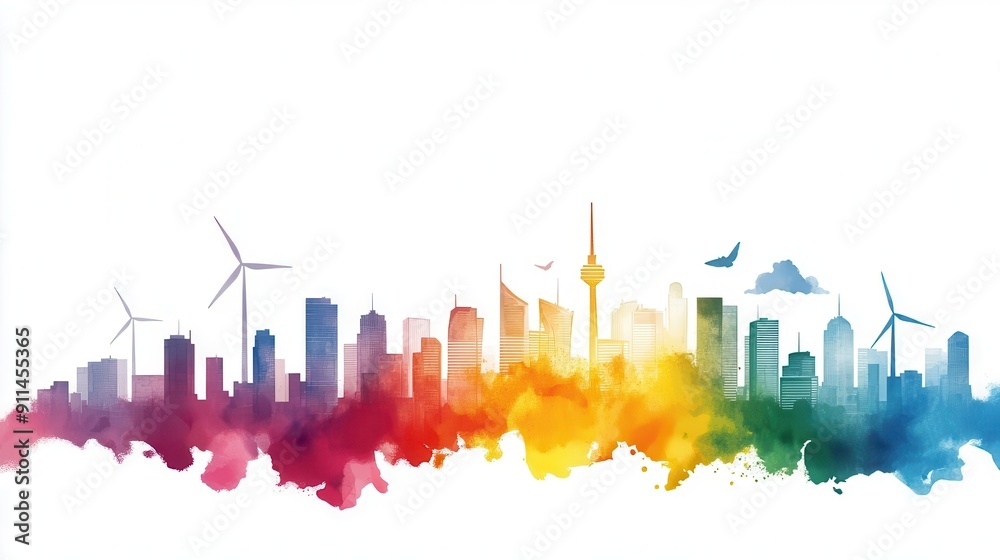Smart city skyline with renewable energy sources, flat design, vivid watercolors, AI powered urban sustainability Smart city skyline with renewable energy sources, flat design, vivid watercolors, AI powered urban sustainability