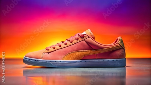 Puma Suede Classic in Vibrant Sunset Hues: A Close-Up Look at the Iconic Sneaker  generative AI photo