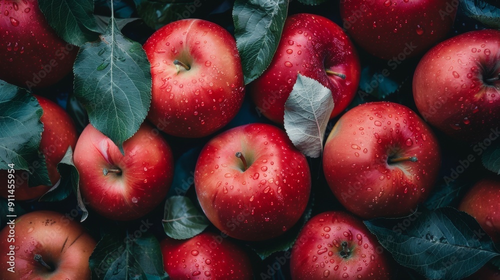 Fresh red apples with green leaves Fresh red apples with green leaves