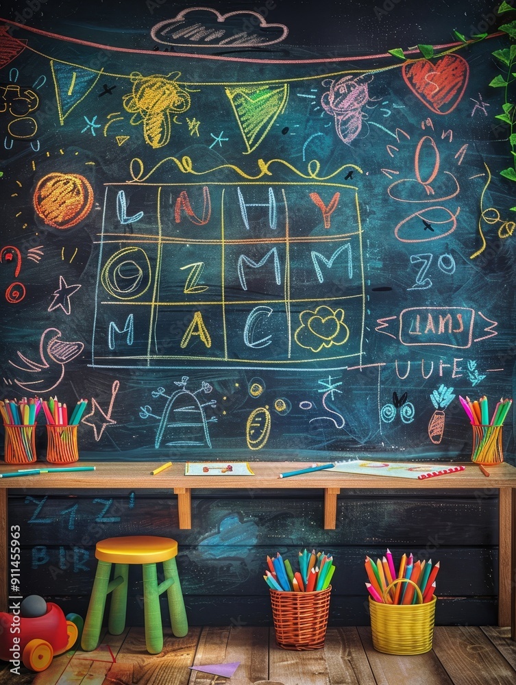 Naklejka premium A chalkboard background with colorful drawings, letters, and numbers, perfect for educational or childhood themes.