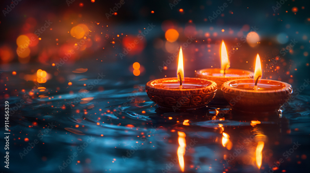 Greeting card for Happy Diwali Festival of light with clay Diya lamps. Top view. Copy space for text. Generative AI Illustration. Greeting card for Happy Diwali Festival of light with clay Diya lamps. Top view. Copy space for text. Generative AI Illustration.