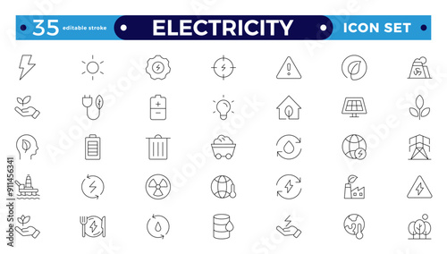 Electricity icon set with electromagnetic radiation, charger flow, lightning strike, static, induction, electric current, and electromagnetic radiation. Editable stroke outline icon. 
