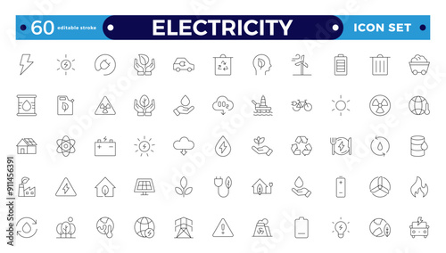 Electricity icon set with electromagnetic radiation, charger flow, lightning strike, static, induction, electric current, and electromagnetic radiation. Editable stroke outline icon. 