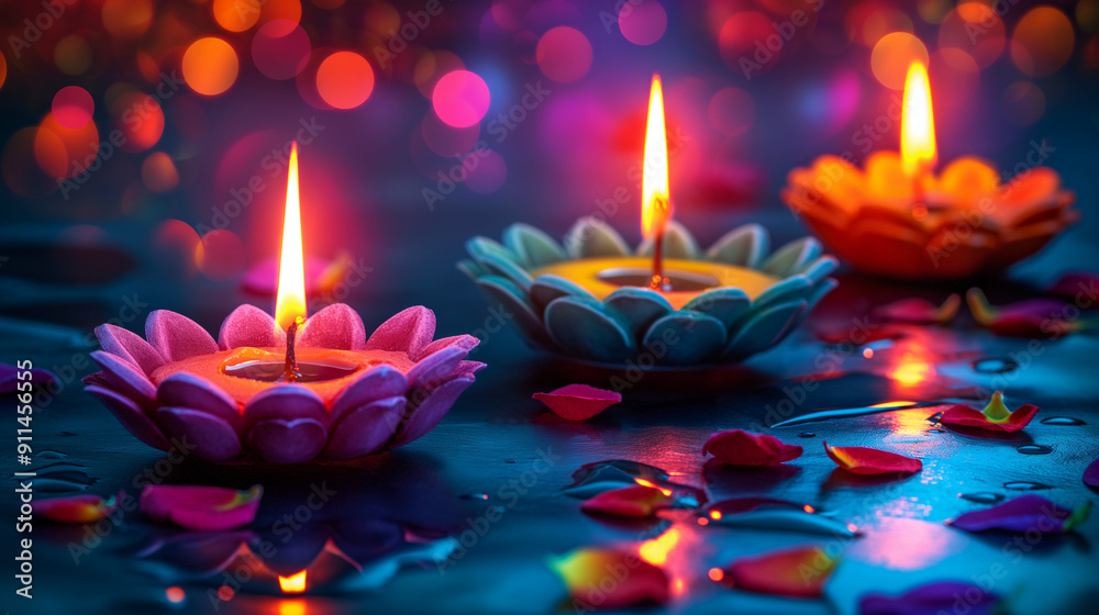 Greeting card for Happy Diwali Festival of light with clay Diya lamps. Top view. Copy space for text. Generative AI Illustration. Greeting card for Happy Diwali Festival of light with clay Diya lamps. Top view. Copy space for text. Generative AI Illustration.