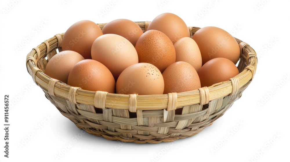 Brown chicken eggs are arranged in a stack inside a woven bamboo basket. The basket is isolated on a white background with a clipping path. Brown chicken eggs are arranged in a stack inside a woven bamboo basket. The basket is isolated on a white background with a clipping path.