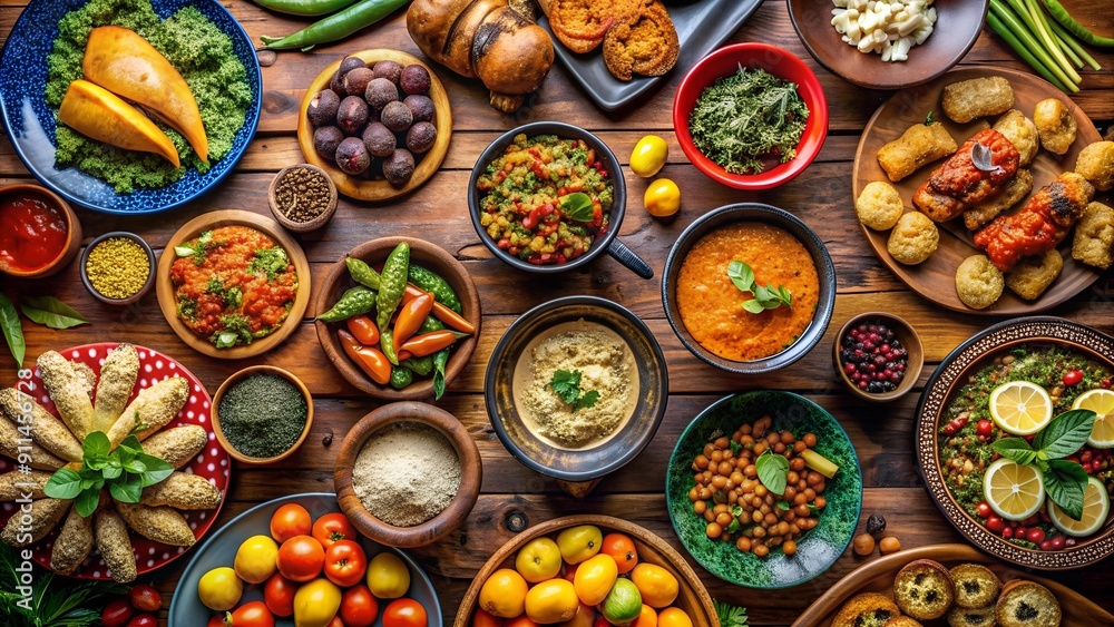 A Visual Symphony of Colors and Textures: An Overhead Perspective of an African Food Table AI generated A Visual Symphony of Colors and Textures: An Overhead Perspective of an African Food Table AI generated