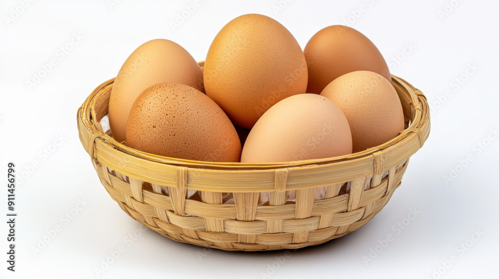 Brown chicken eggs are arranged in a stack inside a woven bamboo basket. The basket is isolated on a white background with a clipping path. Brown chicken eggs are arranged in a stack inside a woven bamboo basket. The basket is isolated on a white background with a clipping path.