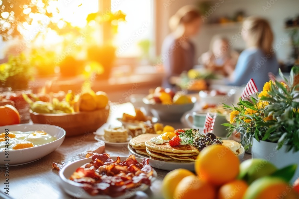 Fototapeta premium A table full of food with a happy family with woman and child sitting at it