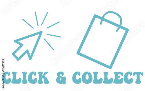 Click and collect online shopping button or sticker set. Realistic rectangular label with promotional text and Arrow cursor touching vector illustration design isolated on transparent background