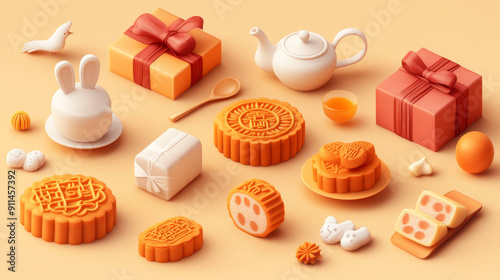 Celebrate the Mid-Autumn Festival with this set of 3D vector items:

- Mooncakes
- Bunny rice cake
- Osmanthus
- Osmanthus jelly
- Teapot
- Gift photo