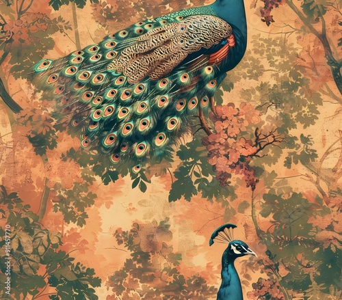 Vintage HandColored Peacock Pattern in Fantastical Forest Setting photo