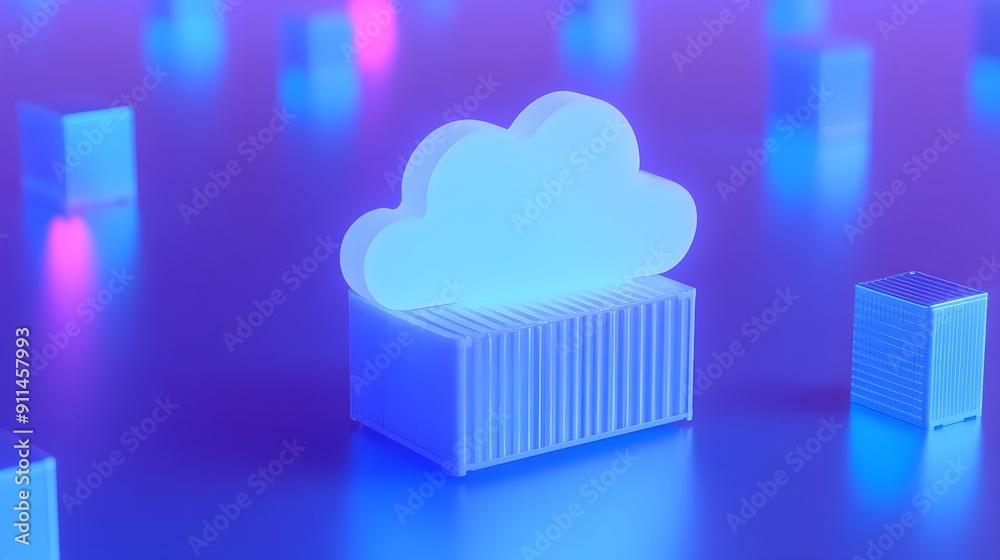 3D render of cloud computing concept with glowing cloud shape and containers in futuristic purple and blue neon lights.