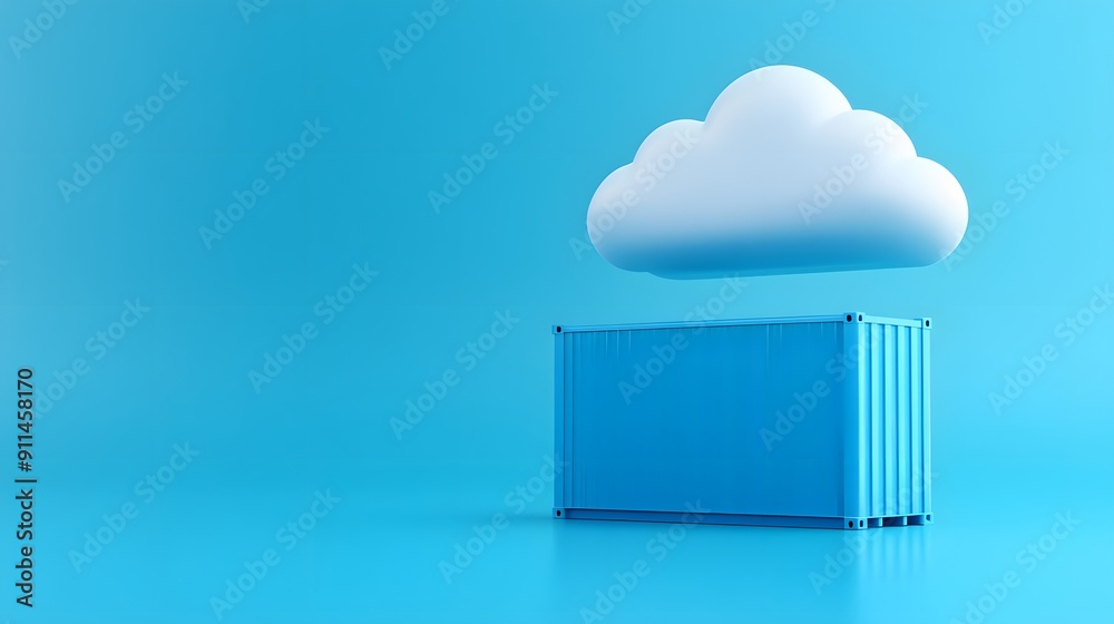 3D rendering of a blue cargo container with a cloud hovering above on a blue background, representing cloud computing in logistics. 3D rendering of a blue cargo container with a cloud hovering above on a blue background, representing cloud computing in logistics.
