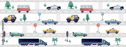 a seamless, trend pattern of cars. Transport background for children. A template with doodles of toy cars, road signs. for print, paper, banner. art vector illustration.