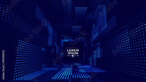 Square Frame Border Blue Lights DJ Party Flyer Background. Rectangle Tunnel Big Data Backdrop. Abstract Blue Digital Background. Computer Digital Tunnel Technology Vector Illustration.