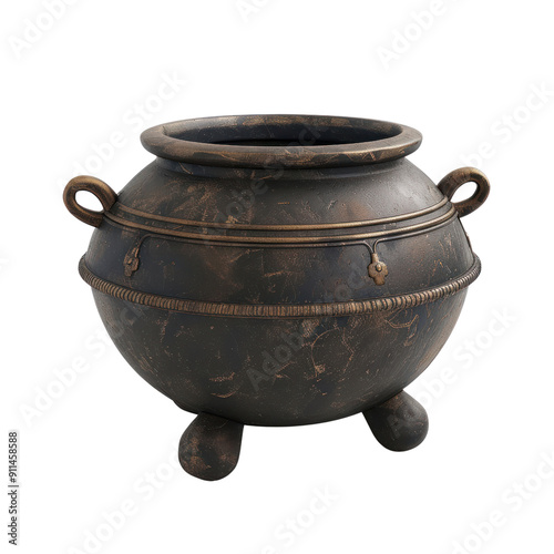 A large, old-fashioned pot with a handle sits on a white background