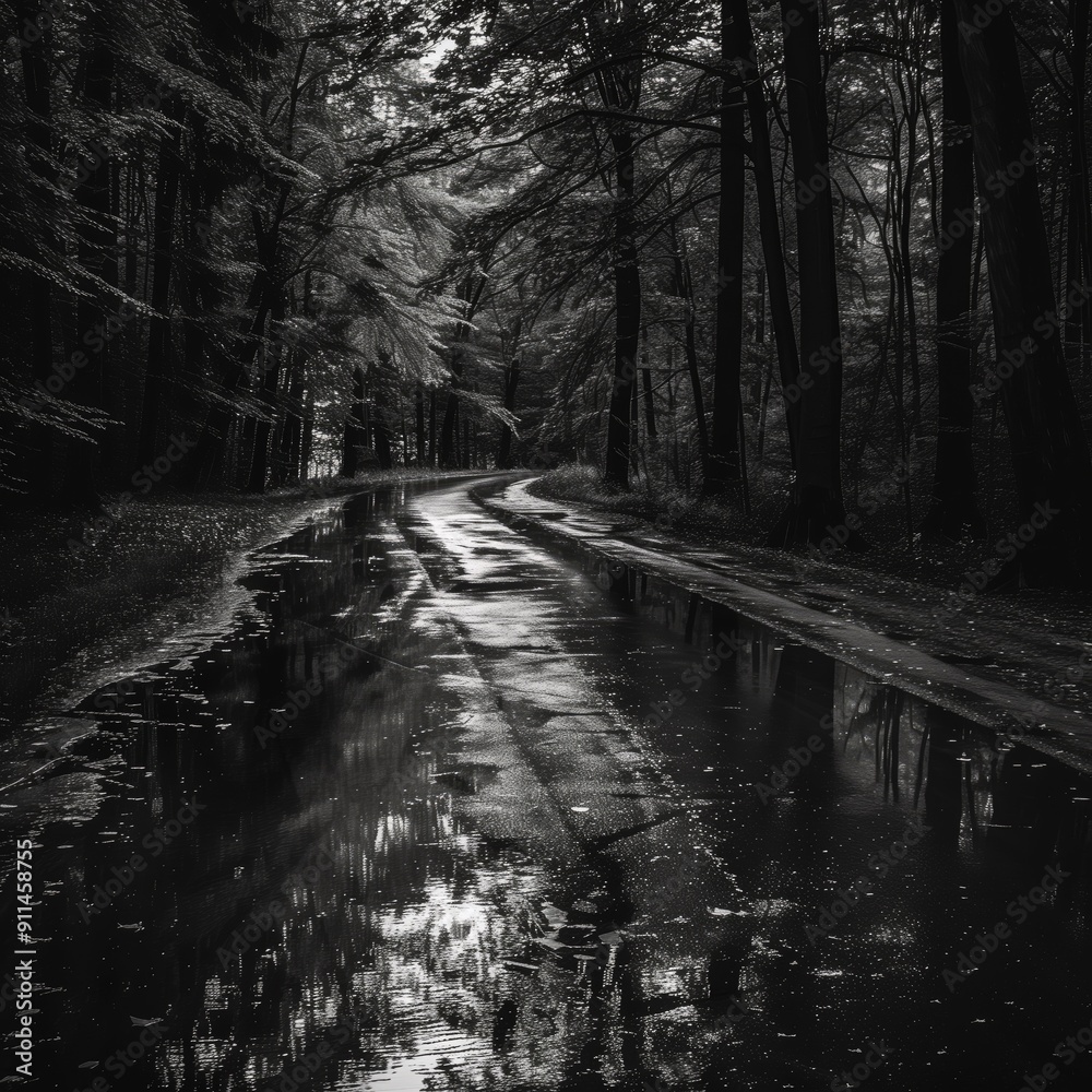 Naklejka premium Forest Road Reflection After Rain