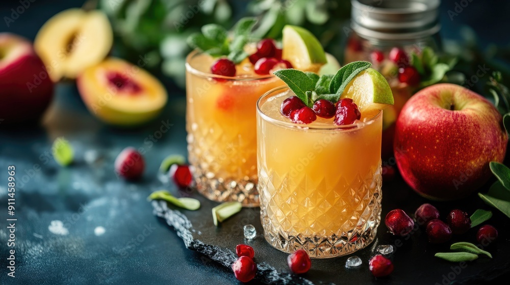 Apple and multivitamin juices in stylish cocktail glasses, with fresh ripe fruits scattered around. --ar 16:9