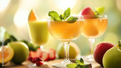Wallpaper Mural Apple and multivitamin juices in stylish cocktail glasses, with fresh fruits creating a vibrant display. - Torontodigital.ca