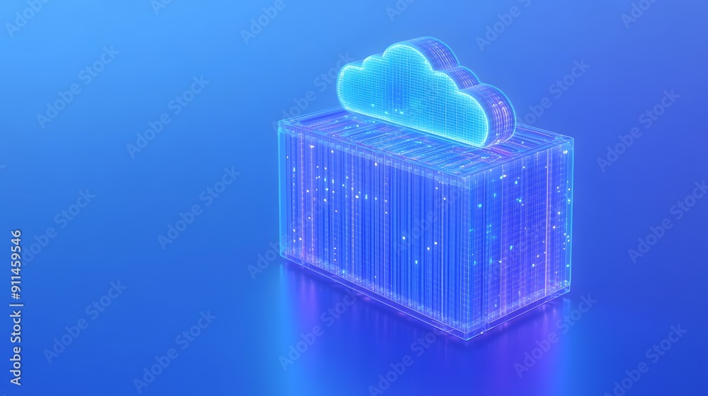 3D rendering of a cloud server over a data container, symbolizing cloud computing, storage, and technology in a blue background. 3D rendering of a cloud server over a data container, symbolizing cloud computing, storage, and technology in a blue background.