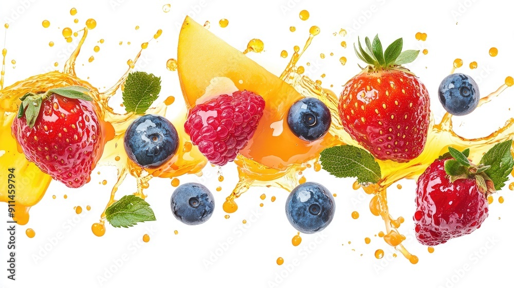 Assorted berries with juice splashes, isolated on white, capturing the essence of fresh and juicy fruits. Assorted berries with juice splashes, isolated on white, capturing the essence of fresh and juicy fruits.
