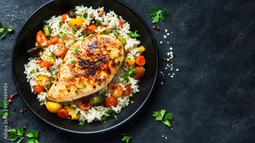 Baked chicken fillet paired with rice and vegetables on a black plate, top view and free copy space.