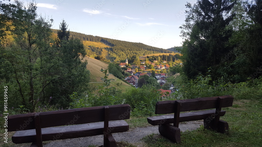 Bänke mit Talblick nach Wildemann (Klein Tirol des Oberharzes), Harz, Niedersachsen Bänke mit Talblick nach Wildemann (Klein Tirol des Oberharzes), Harz, Niedersachsen