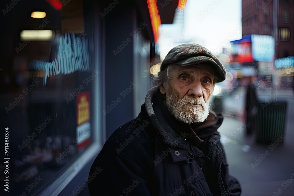 Elderly Man in City Street, Gazing Forward Elderly Man in City Street, Gazing Forward