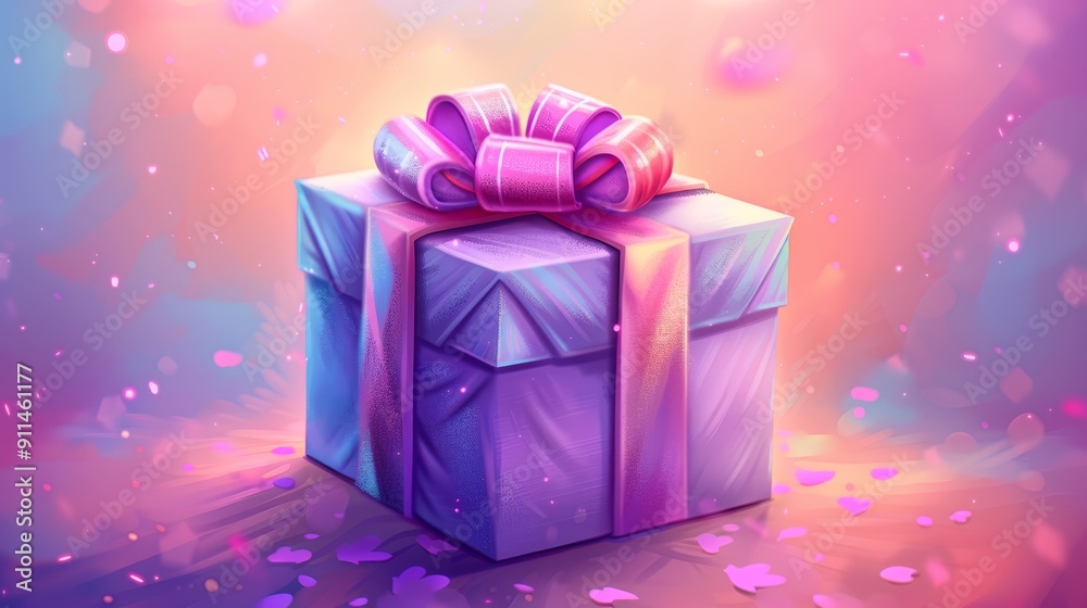 A purple gift box with a pink ribbon sits on a table with a soft, colorful background. A purple gift box with a pink ribbon sits on a table with a soft, colorful background.