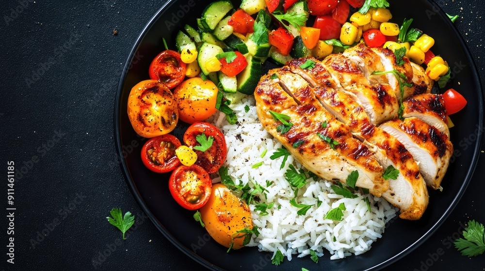 Black plate showcasing baked chicken fillet, rice, and colorful vegetables, top view with copy space. - Black plate showcasing baked chicken fillet, rice, and colorful vegetables, top view with copy space. -