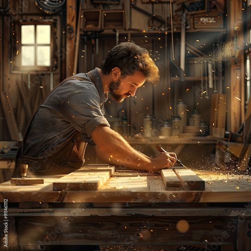 Woodworking Craftsman in Dusty Workshop