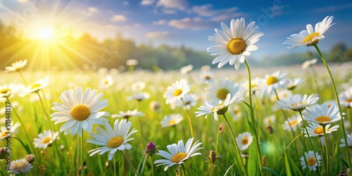 Field of daisies basking in the sunshine, featuring summer flowers, grassy meadows, and a floral card , daisies, sun, field, floral