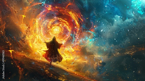 A powerful sorcerer casts a spell, summoning a swirling vortex of fire and cosmic energy. photo