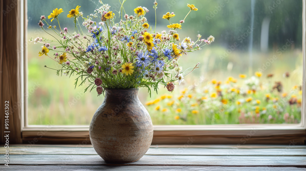 Depict a rustic pottery vase with a textured, earthy finish, holding a collection of wildflowers, set in a country-style kitchen or outdoor patio, emphasizing natural beauty and handmade quality. Depict a rustic pottery vase with a textured, earthy finish, holding a collection of wildflowers, set in a country-style kitchen or outdoor patio, emphasizing natural beauty and handmade quality.