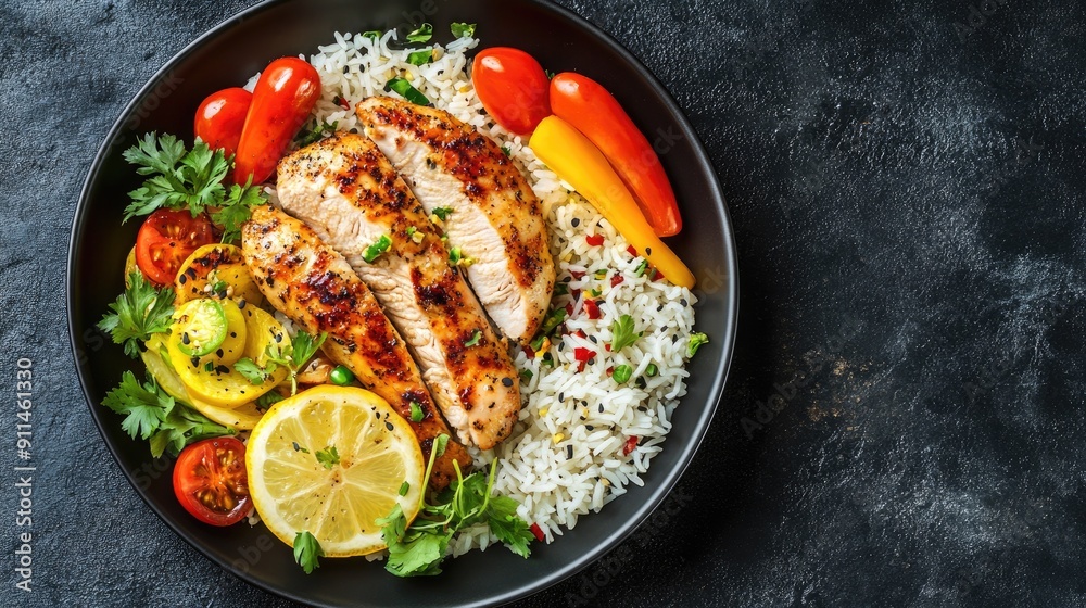 Black plate with baked chicken fillet, rice, and colorful veggies, top view with copy space. Black plate with baked chicken fillet, rice, and colorful veggies, top view with copy space.