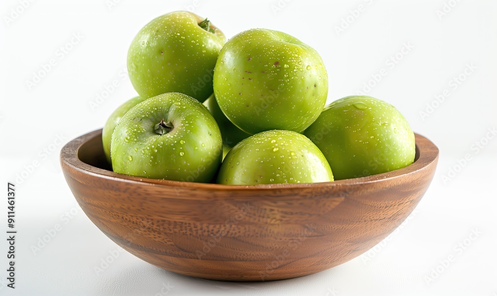 Green Apples in Wooden Bowl with Water Droplets Green Apples in Wooden Bowl with Water Droplets