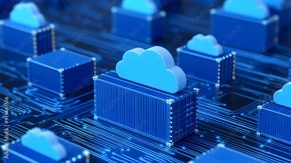 3D rendering of cloud computing storage concept with blue servers and cloud icons on a circuit board depicting data management. 3D rendering of cloud computing storage concept with blue servers and cloud icons on a circuit board depicting data management.